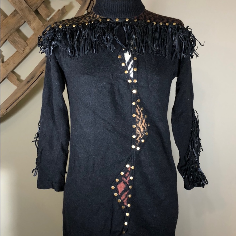 Unique sweater- trimmed with leather fringe&studs